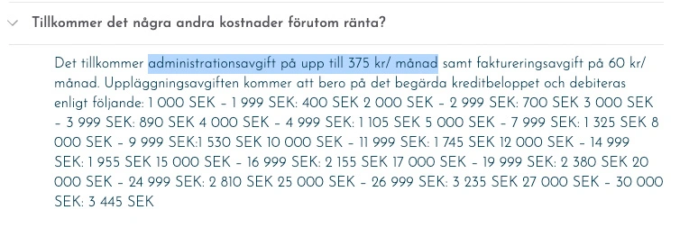 Exempel på administrationsavgift hos en långivare Exempel på administrationsavgift hos en långivare