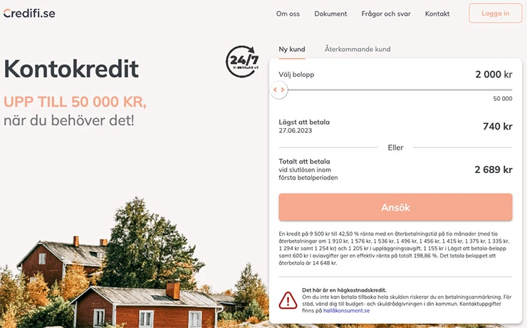 Formulär hos Credifi för ansökan om lån