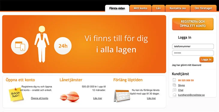 Skärmdump: creditstar.se från 2013
