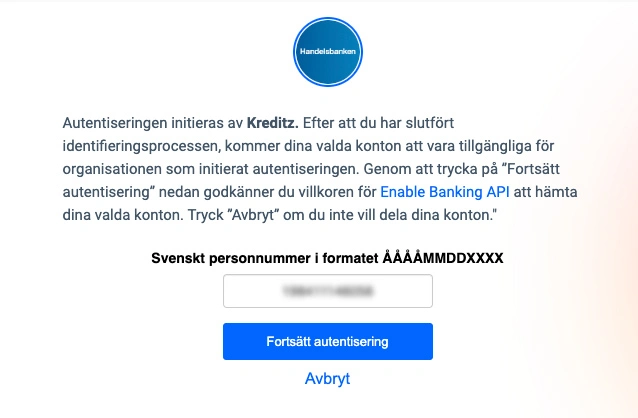 Autentisering för transaktionsanalys via Kreditz