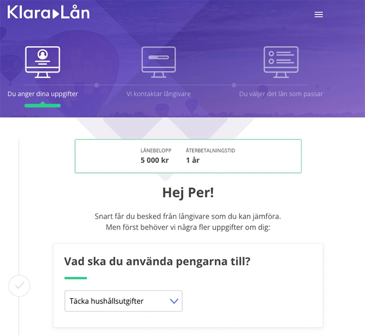 Klara Lån ansökan steg 2