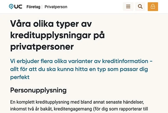 Skärmdump från uc.se, webbplats för UC